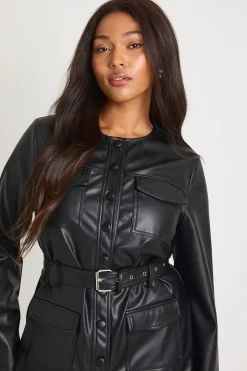 Plus synthétique sans col à manches longues ceinturée robe mini