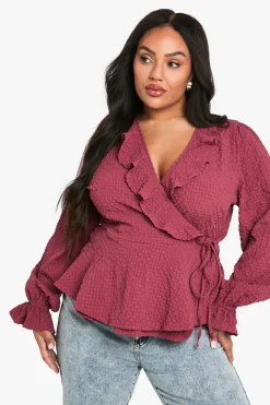 plus textured tie detail WRAP RUFFLE blouse