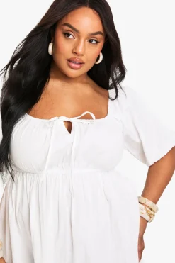 Plus Tie Front Pleated Cotton Skater Dress