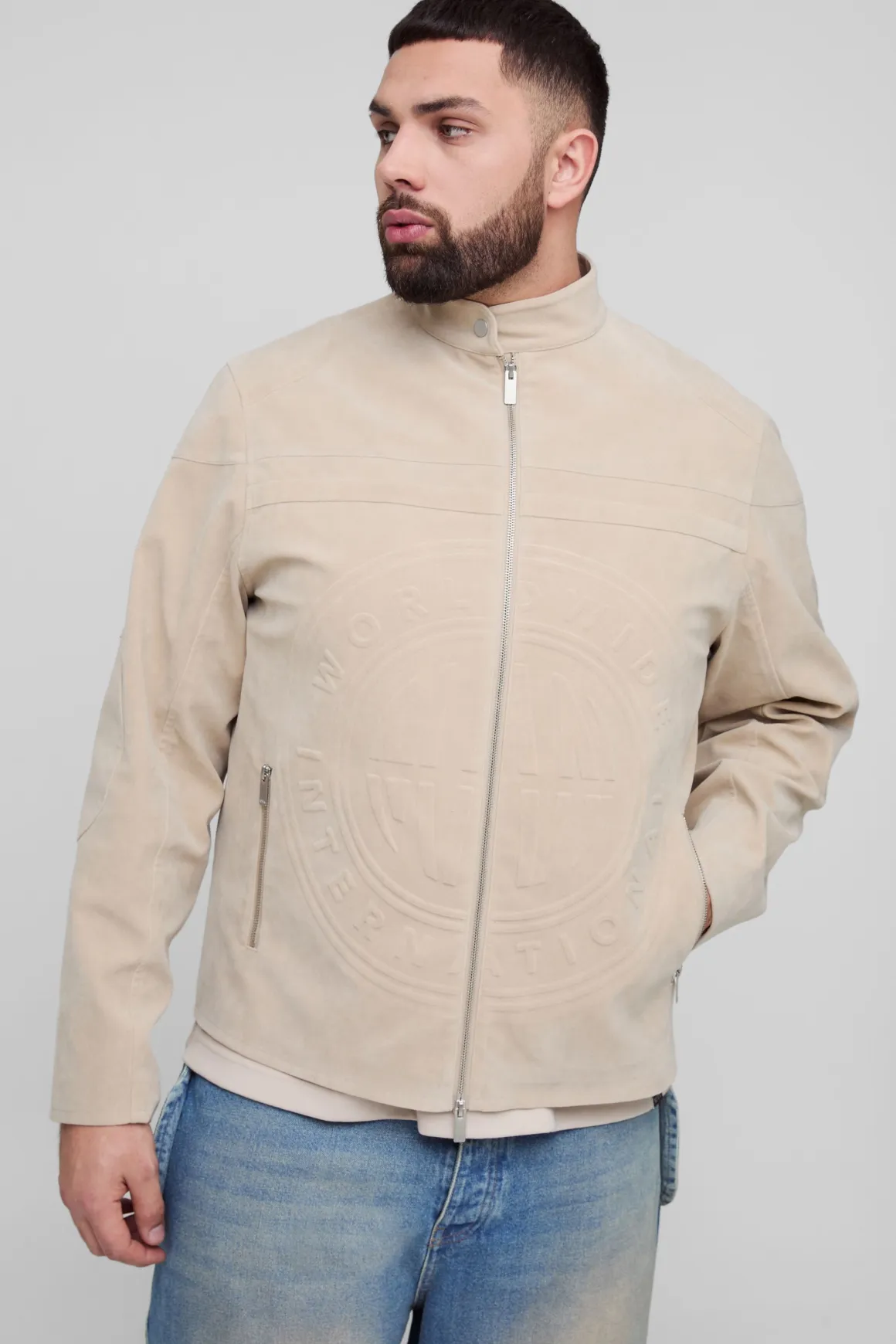 Plus Veste de Motard en synthétique-Suède Brossé Embossé à Coupe Régulière Taille Plus