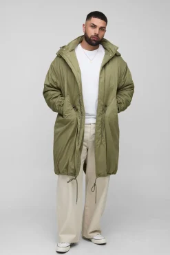 boohooMAN Plus Veste parka mi-longue en nylon brossé, col entonnoir, coupe régulière<Homme Vestes & Manteaux Grande Taille|Tout Afficher
