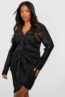 Plus Wide Plisse Twist Front Wrap Dress