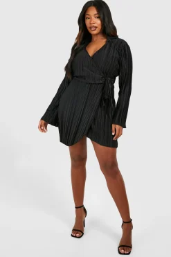 boohoo Plus Wide Robe chemise enveloppante à plis<Femme Robes À Manches Longues|Robes