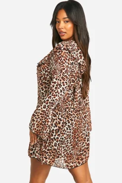 boohoo Plus Woven Leopard Ruffle Shift Dress<Femme Robes À Manches Longues|Robes