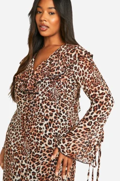 boohoo Plus Woven Leopard Ruffle Shift Dress<Femme Robes À Manches Longues|Robes
