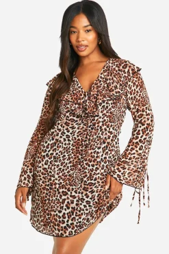 boohoo Plus Woven Leopard Ruffle Shift Dress<Femme Robes À Manches Longues|Robes