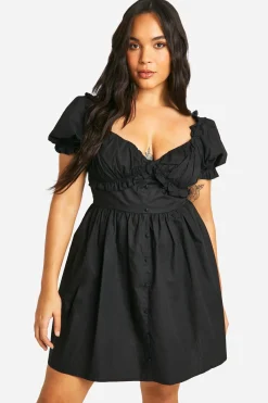 boohoo Plus Woven Milkmaid Button Down Skater Dress<Femme Robes Patineuses|Robes