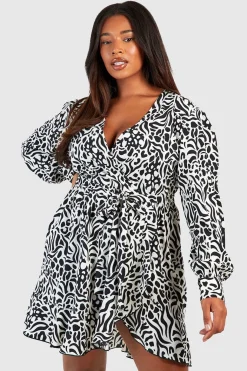 Plus Zebra Wrap Ruffle Skater Dress