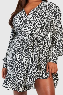 Plus Zebra Wrap Ruffle Skater Dress