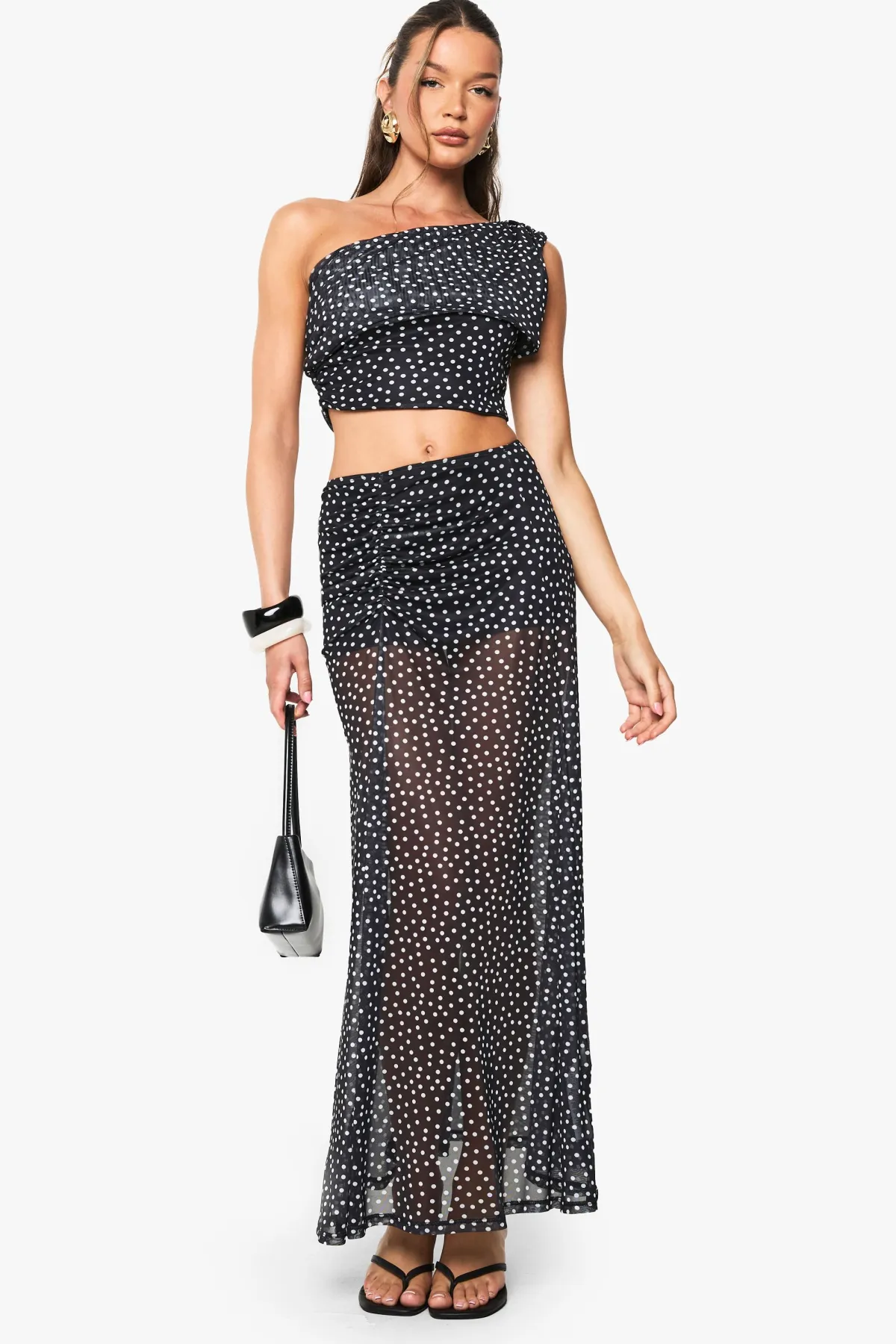 boohoo Polka Dot Mesh Off Shoulder Top<Femme Pois|Tops