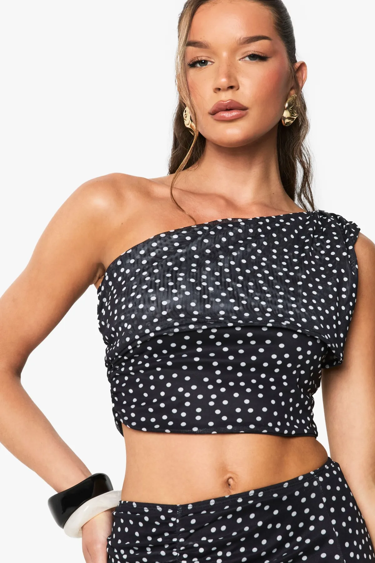 boohoo Polka Dot Mesh Off Shoulder Top<Femme Pois|Tops