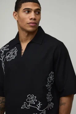 Polo Col V Ample En Mélange De Lin Avec Broderie Florale