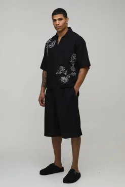 Polo Col V Ample En Mélange De Lin Avec Broderie Florale