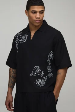 Polo Col V Ample En Mélange De Lin Avec Broderie Florale