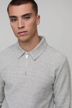 Polo à Col Zippé Manches Longues Coupe Ajustée Piqué Épais