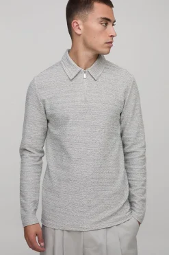 Polo à Col Zippé Manches Longues Coupe Ajustée Piqué Épais