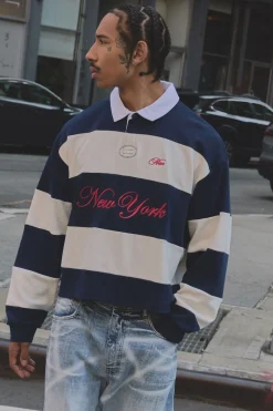 Polo de rugby oversize, rapetissé, boxy, New York, à rayures brodées
