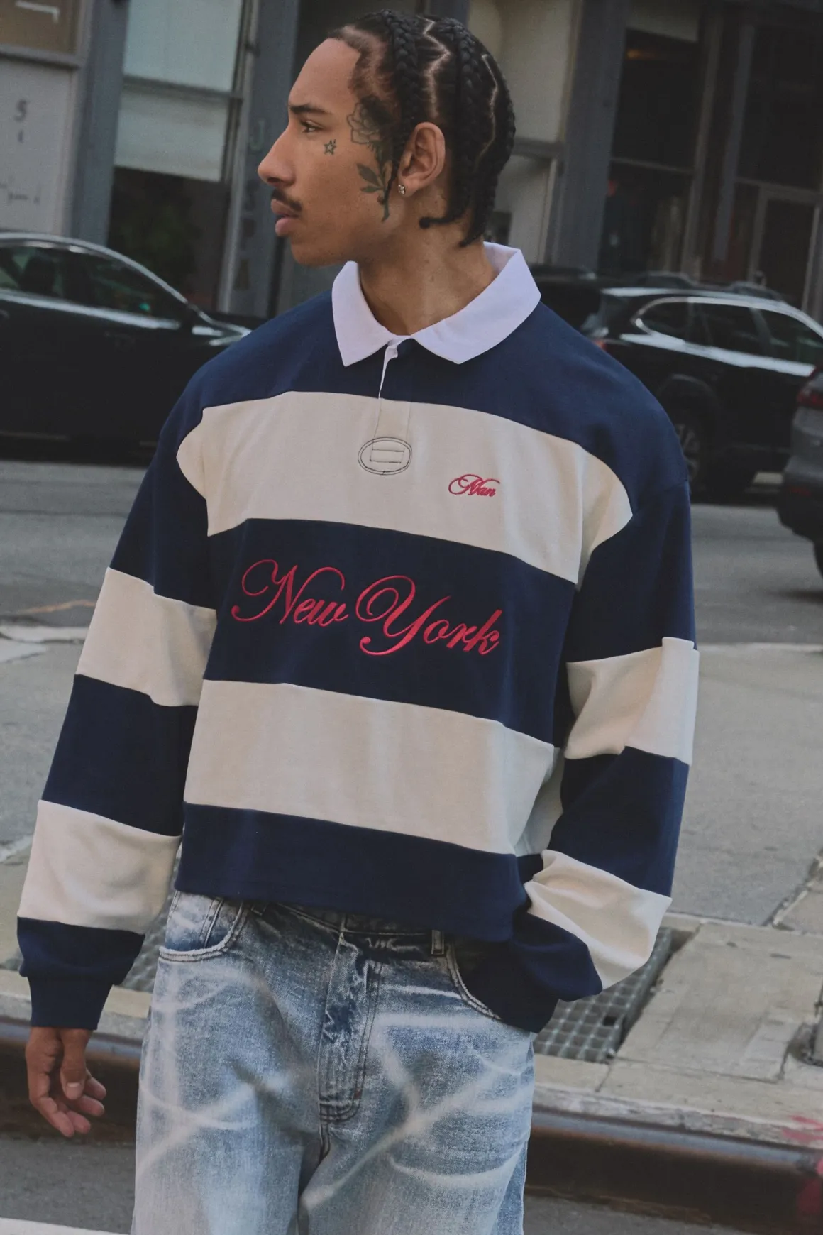 Polo de rugby oversize, rapetissé, boxy, New York, à rayures brodées