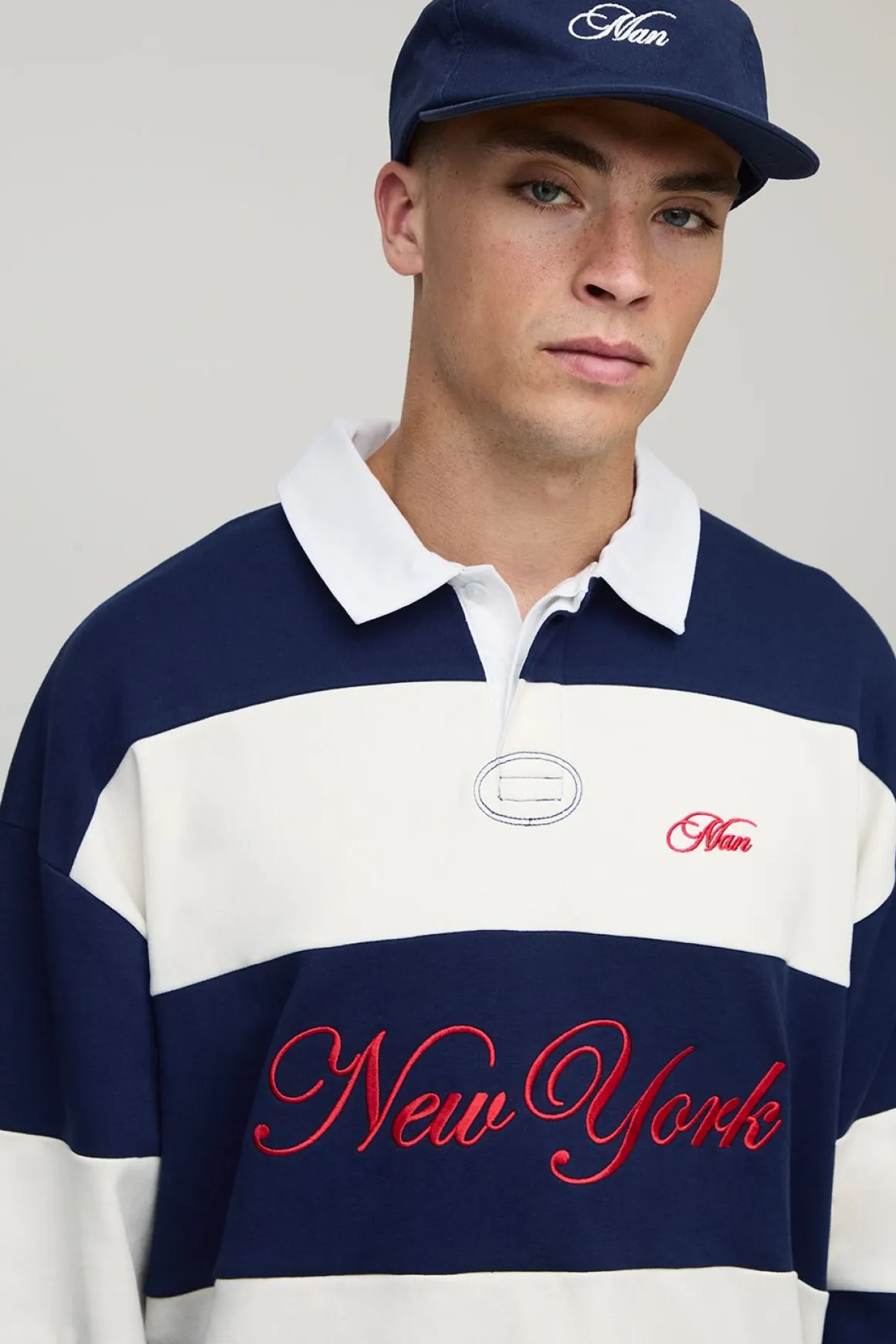 Polo de rugby oversize, rapetissé, boxy, New York, à rayures brodées