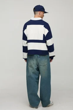 Polo de rugby oversize, rapetissé, boxy, New York, à rayures brodées