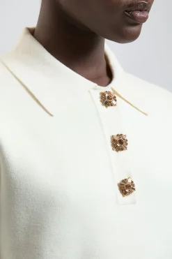 Polo En Maille Compacte De Laine À Boutons Ornementés