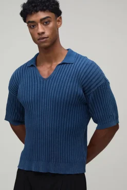 Polo En Maille Côtelée Délavé À L'acide Coupe Ajustée