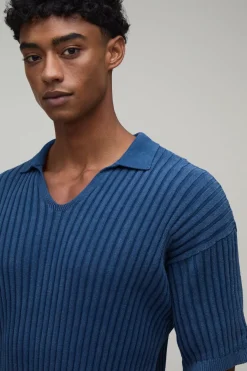 Polo En Maille Côtelée Délavé À L'acide Coupe Ajustée