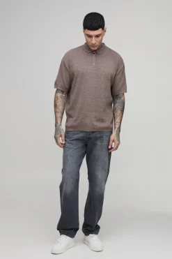 Polo En Maille À Fermeture Éclair 1/4 En Coton Mélangé, Coupe Oversize Ample Pour Homme Grand