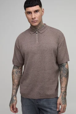 Polo En Maille À Fermeture Éclair 1/4 En Coton Mélangé, Coupe Oversize Ample Pour Homme Grand