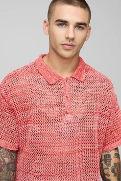 Polo en maille tricotée à col boutonné en fil torsadé surdimensionné