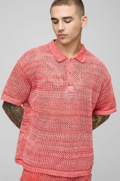 Polo en maille tricotée à col boutonné en fil torsadé surdimensionné