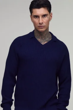 boohooMAN Polo Grande Taille Coupe Regular En Maille Côtelée Douce À Manches Longues Raglan<Homme Polos|Maille