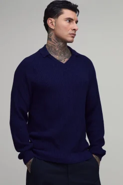 boohooMAN Polo Grande Taille Coupe Regular En Maille Côtelée Douce À Manches Longues Raglan<Homme Polos|Maille