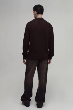 Polo Grande Taille À Manches Longues En Maille Côtelée Douce À Manches Raglan Coupe Regular