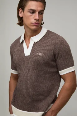 boohooMAN Polo Homme En Maille Torsadée Brodée Coupe Ample<Homme Polos|Maille