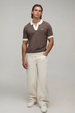 boohooMAN Polo Homme En Maille Torsadée Brodée Coupe Ample<Homme Polos|Maille