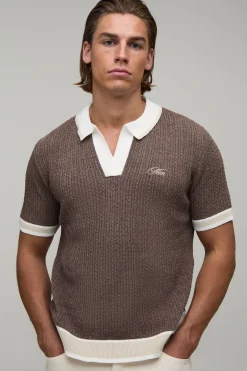 boohooMAN Polo Homme En Maille Torsadée Brodée Coupe Ample<Homme Polos|Maille