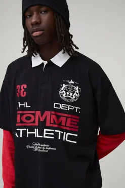 Polo Homme Oversize Graphique à Manches Gaufre et à Effet de Superposition