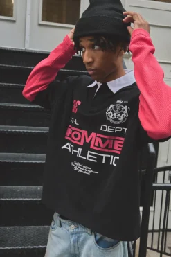 Polo Homme Oversize Graphique à Manches Gaufre et à Effet de Superposition