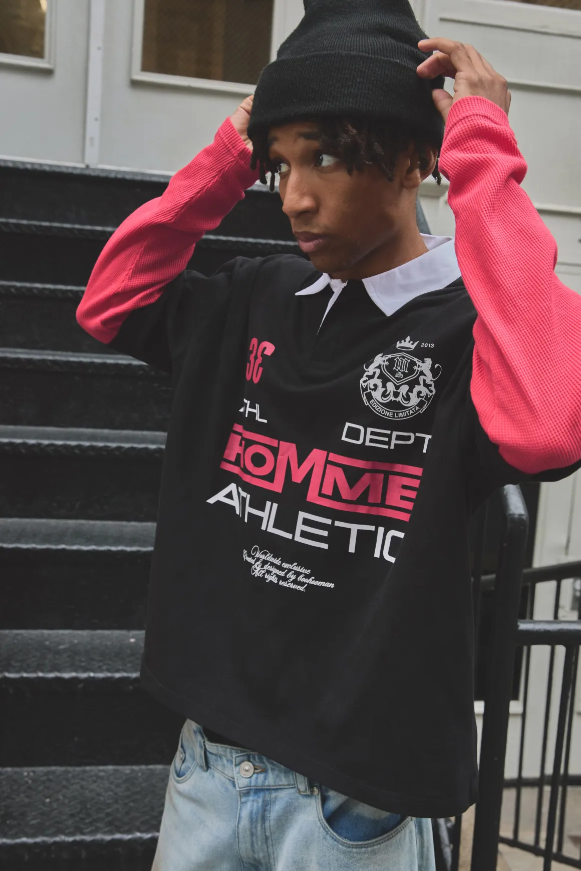 Polo Homme Oversize Graphique à Manches Gaufre et à Effet de Superposition