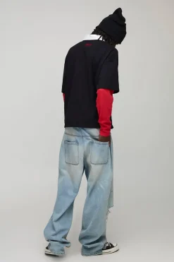 Polo Homme Oversize Graphique à Manches Gaufre et à Effet de Superposition