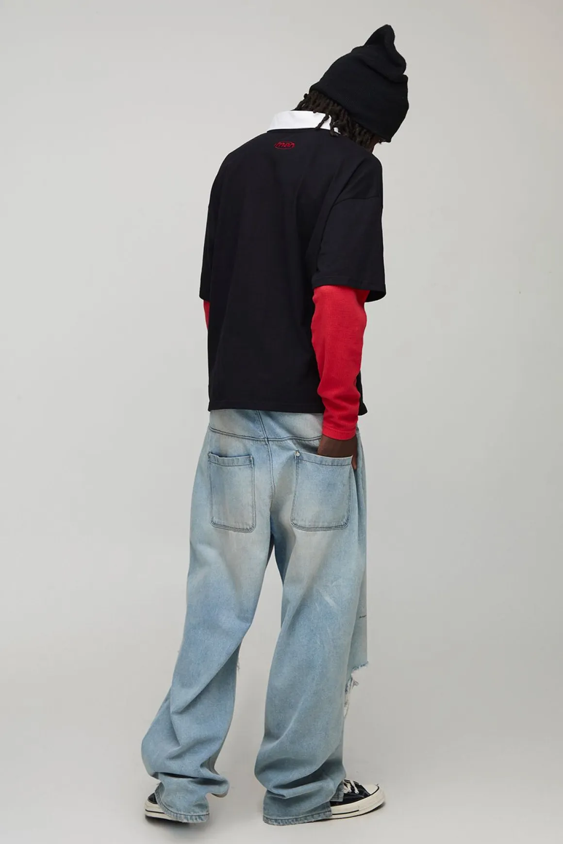 Polo Homme Oversize Graphique à Manches Gaufre et à Effet de Superposition