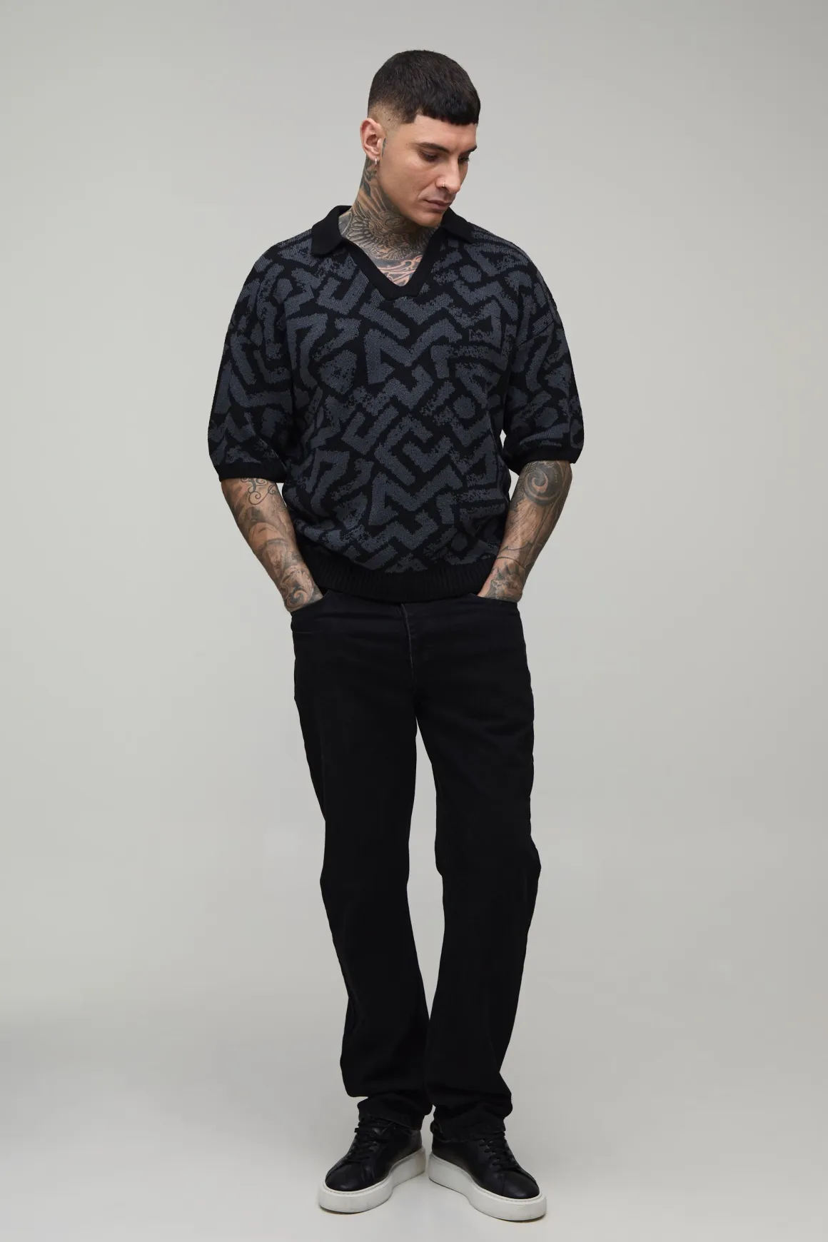 Polo Jacquard Abstrait Surdimensionné Oversize En Maille Pour Grand