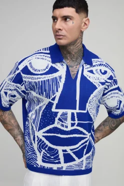 boohooMAN Polo Jacquard Tricoté Motif Visage Abstrait Coupe Ample Oversize Tall<Homme Tout Afficher|Maille