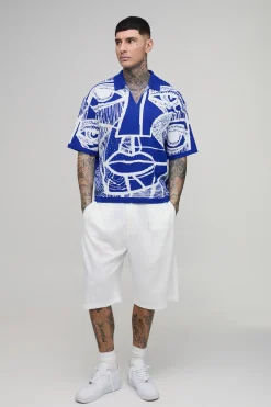 boohooMAN Polo Jacquard Tricoté Motif Visage Abstrait Coupe Ample Oversize Tall<Homme Tout Afficher|Maille
