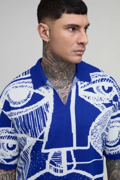 boohooMAN Polo Jacquard Tricoté Motif Visage Abstrait Coupe Ample Oversize Tall<Homme Tout Afficher|Maille