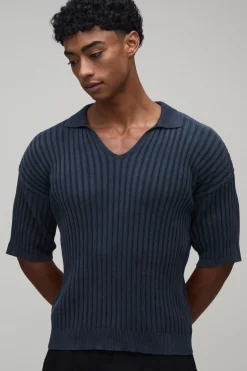 boohooMAN Polo Maille Côtelée Ajustée Délavage Acide<Homme Polos|Maille