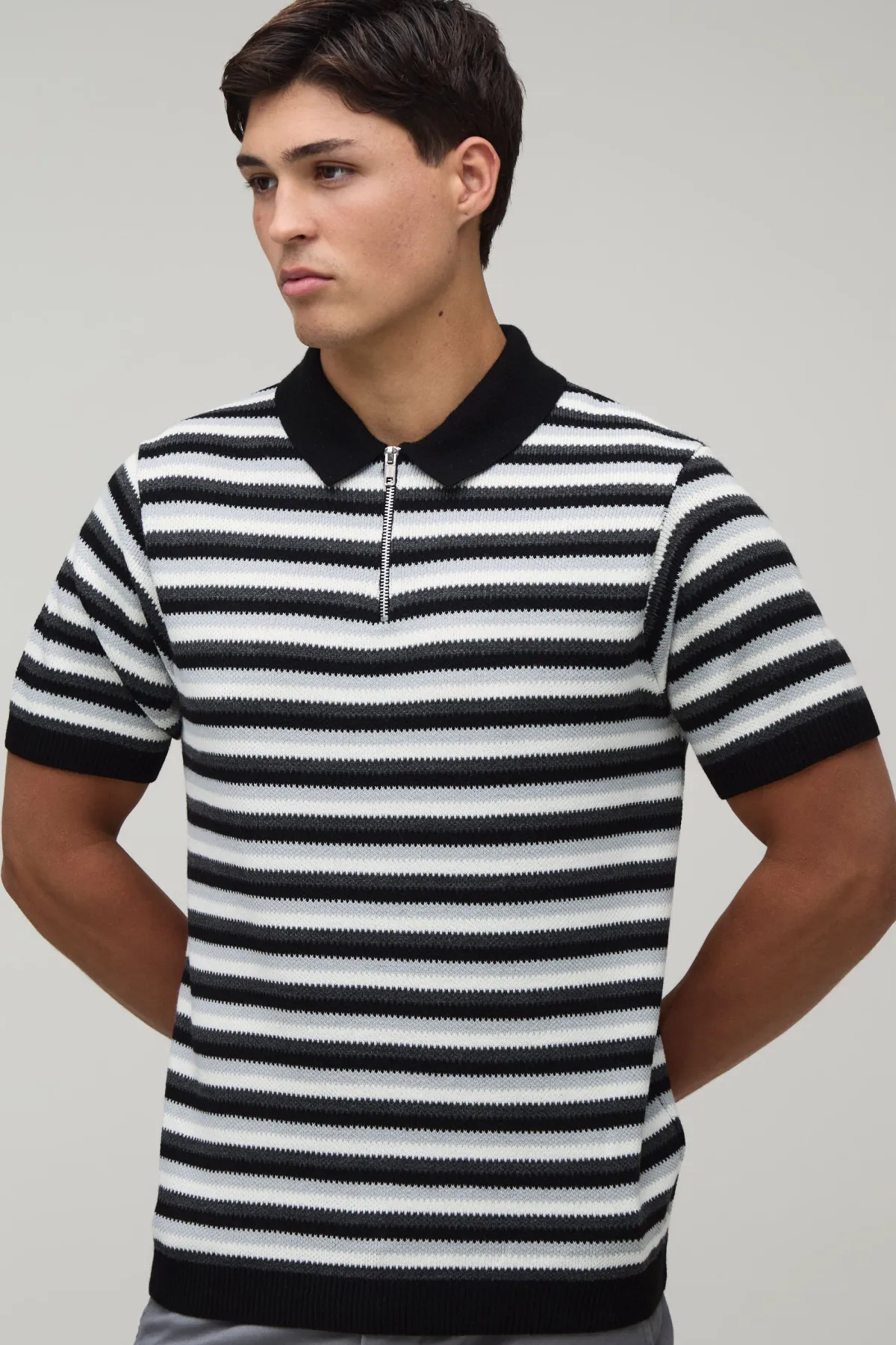 boohooMAN Polo Maille Rayé Coupe Regular À Fermeture 1/4 Zip<Homme Polos|Maille