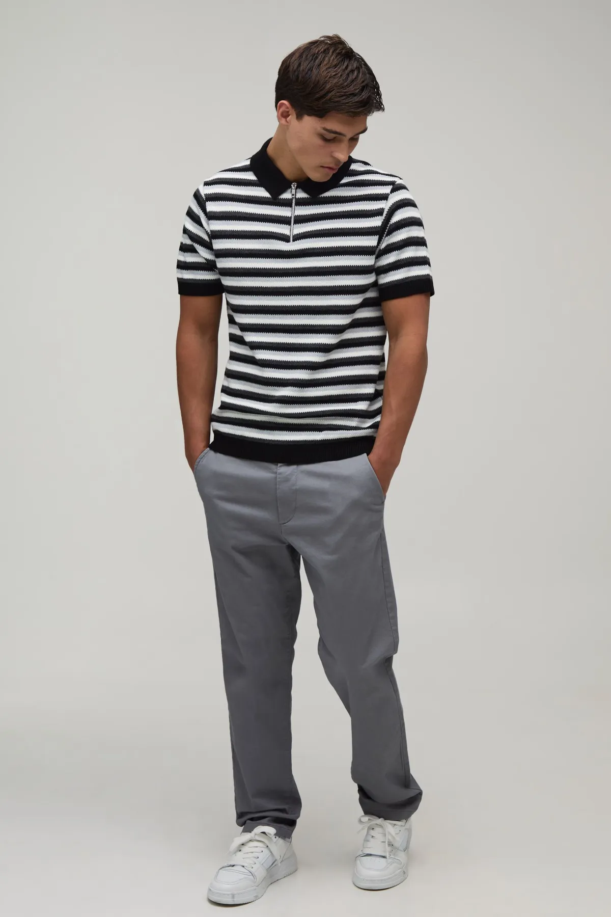 boohooMAN Polo Maille Rayé Coupe Regular À Fermeture 1/4 Zip<Homme Polos|Maille