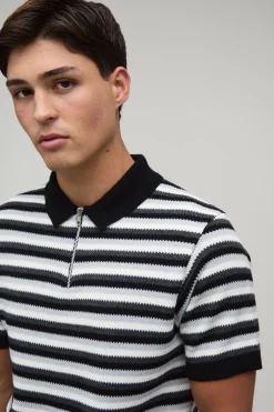boohooMAN Polo Maille Rayé Coupe Regular À Fermeture 1/4 Zip<Homme Polos|Maille